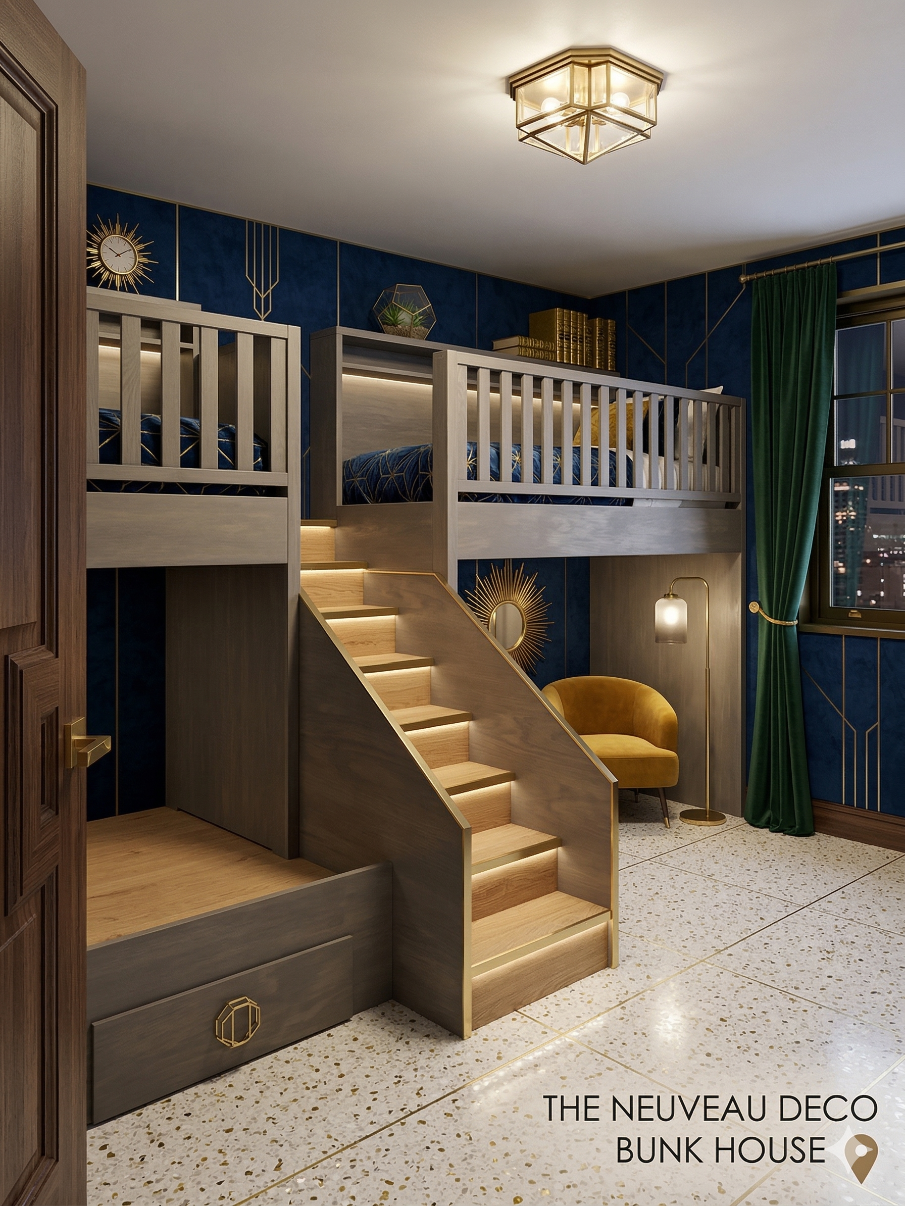 The Nouveau Deco Bespoke Twin XL over Queen Straight Quad Bunk Suite - Professional-Grade Architectural Build