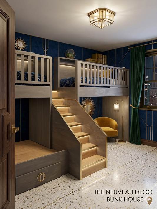 The Neuveau Deco: Bespoke Twin XL Over Queen Straight Quad Suite - Professional-Grade Heavy-Duty Bunk Beds with Integrated Residential Staircase
