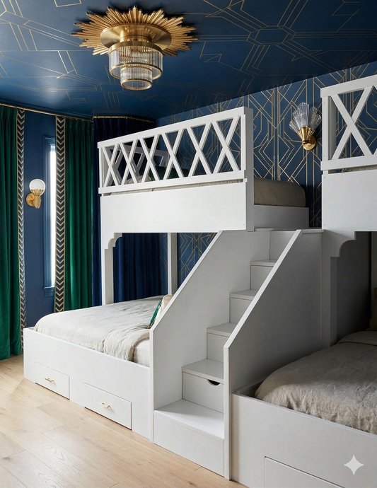 The Stafford: Bespoke "T" Shape Twin over Queen Quad Bunk Suite - High-Capacity Heavy-Duty Bunk Beds with Integrated Storage Stairwell