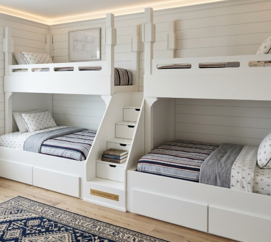 The Belmar: Bespoke Twin Over Queen Straight Quad Bunk Suite - Handcrafted High-Capacity Bunk Beds with Integrated Storage Staircase