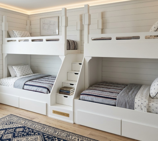 The Belmar: Bespoke Twin Over Queen Straight Quad Bunk Suite - Handcrafted High-Capacity Bunk Beds with Integrated Storage Staircase