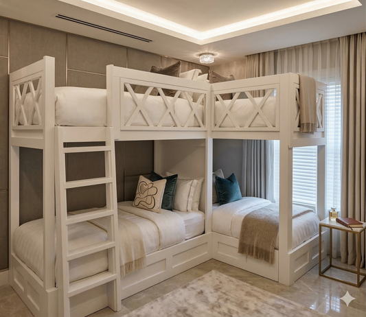 The SeaSide: Bespoke L-Shaped Twin Over Twin Quad Bunk Suite - Artisan High-Capacity-Strength Bunk Beds with Parsons Trim