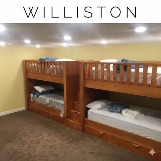 The Williston: Bespoke Twin XL Over Queen Straight Quad Suite - Heavy-Duty Professional-Grade Bunk Beds with Integrated Storage Stairwell
