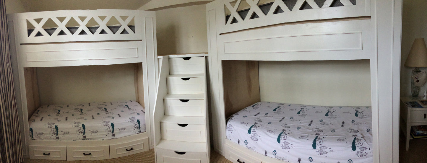 The Naples: Bespoke L-Shaped Twin over Twin Quad Bunk Suite - Professional-Grade Heavy-Duty Bunk Beds with Colonial Trim & Integrated Storage