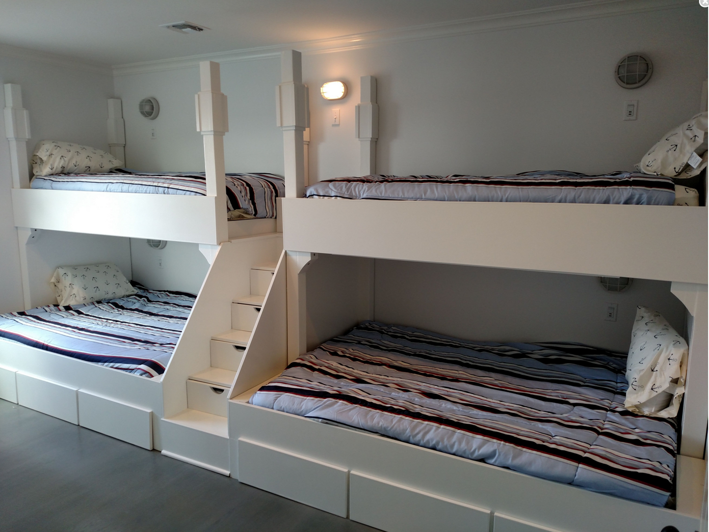 The Belmar: Bespoke Twin Over Queen Straight Quad Bunk Suite - Handcrafted High-Capacity Bunk Beds with Integrated Storage Staircase