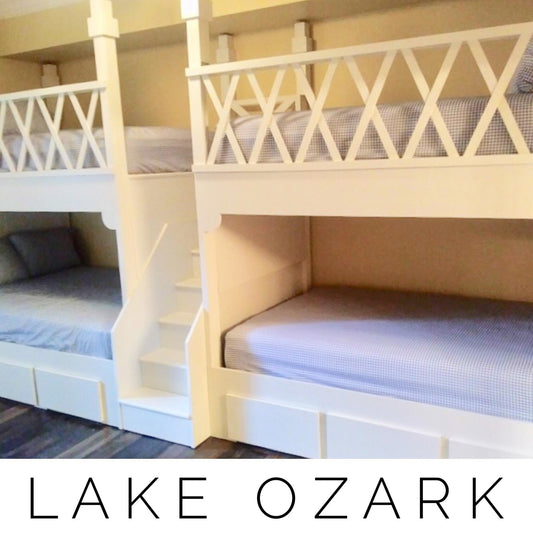 The Lake Ozark: Bespoke Full XL Over Queen & Full XL Over Full XL Quad Bunk Suite - All-Age Rated-Strength Bunk Beds with Residential Stairwell Access