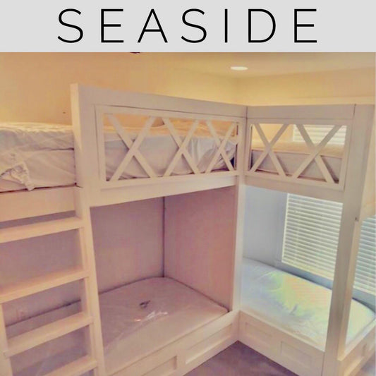 The SeaSide: Bespoke L-Shaped Twin Over Twin Quad Bunk Suite - Artisan High-Capacity-Strength Bunk Beds with Parsons Trim