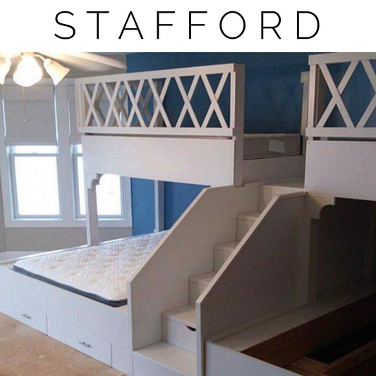 The Stafford: Bespoke "T" Shape Twin over Queen Quad Bunk Suite - High-Capacity Heavy-Duty Bunk Beds with Integrated Storage Stairwell